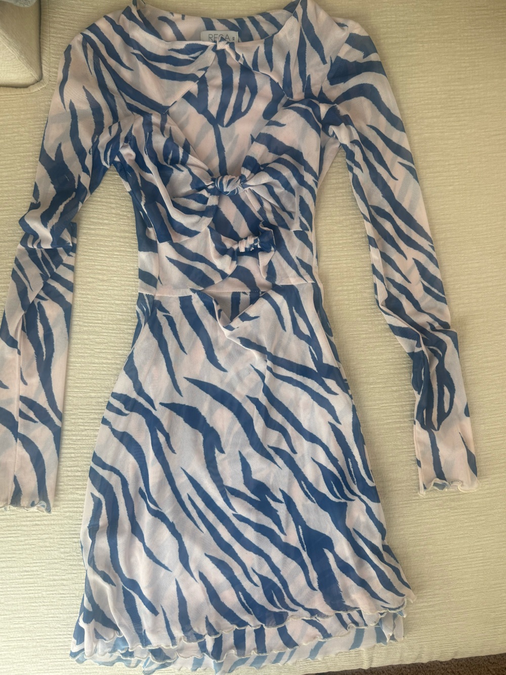 Blue Zebra-Print Long Sleeve Tie-Front Women’s Top